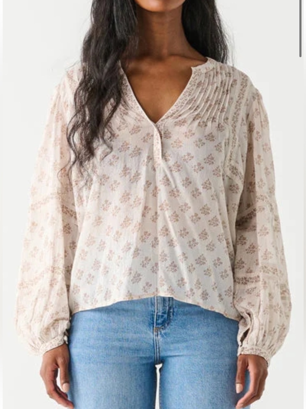 Dex Floral Printed Puff Sleeve Pintuck V-Neck Boho Peasant Blouse Sz L Cotton